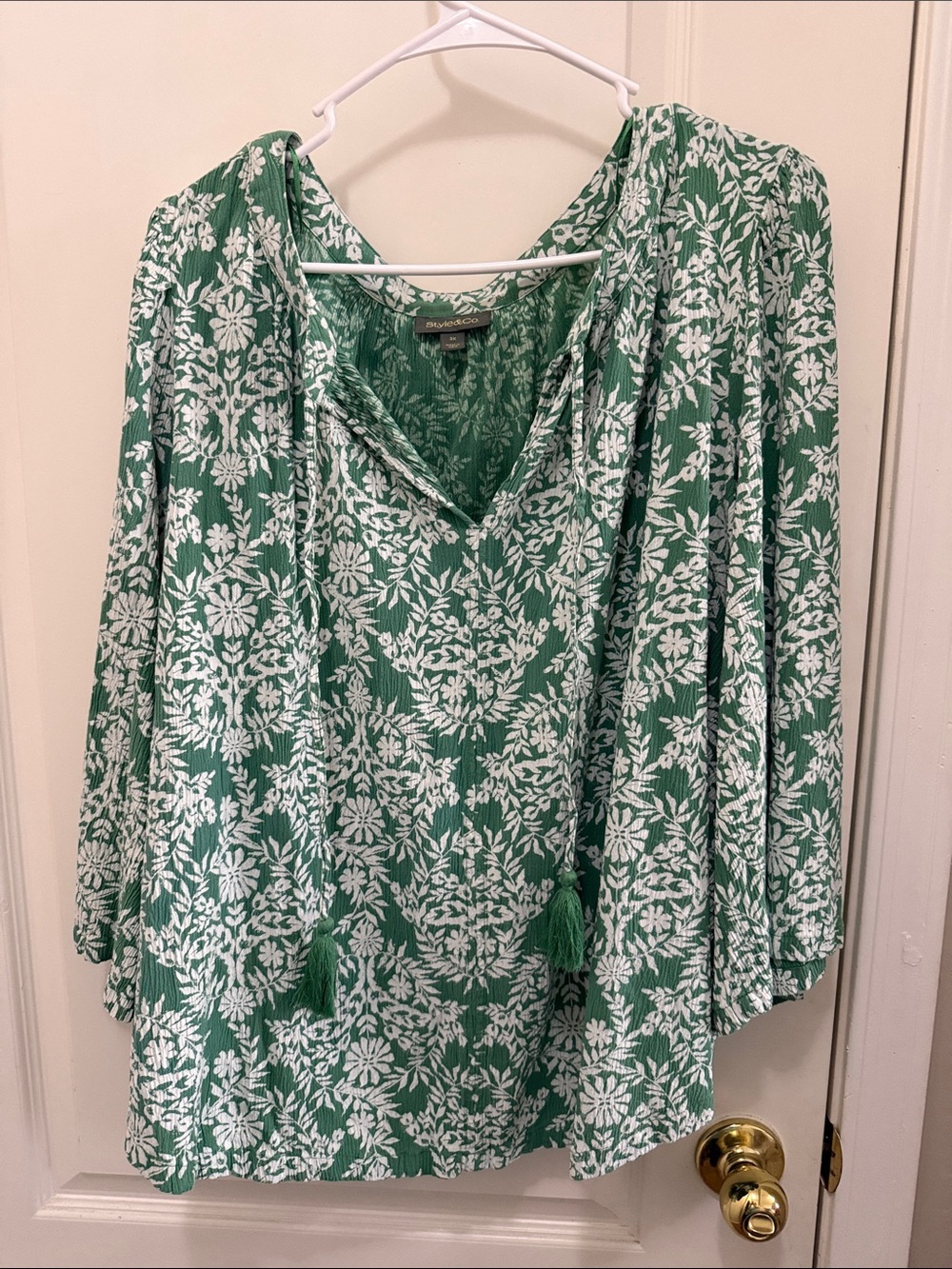 Womens 3x Style & Co Green Rayon Peasant Top 3/4 sleeve Cottagecore  Plus Size